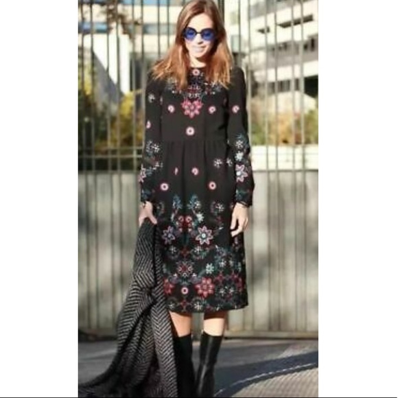 Zara Dresses & Skirts - ZARA MIDI LONG FLORAL EMBROIDERED DRESS SIZE S
